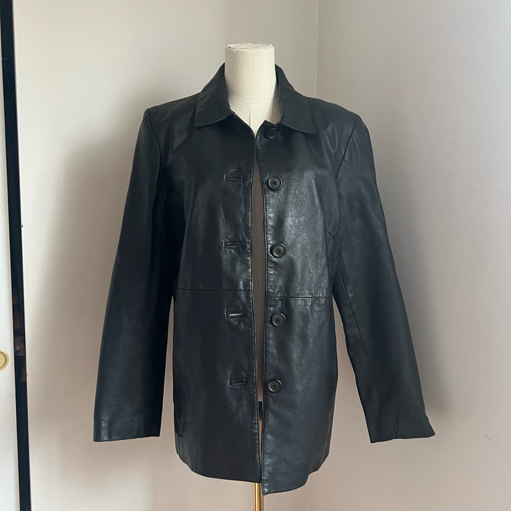 Black leather jacket button front Size M